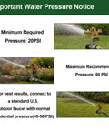Two Pack Impact Lawn Sprinklers With Heavy Duty Aluminum Spike Base Pulsating Adjustable Heads For Big Lawns And Patios Built Tough With Zinc Alloy Durability Easy Setup For Garden And Yard Watering showing water pressure notice and sprinkler in use.