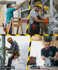 Four workers at different industrial sites: man gardening, worker in factory, construction site worker on building, man in sawmill.