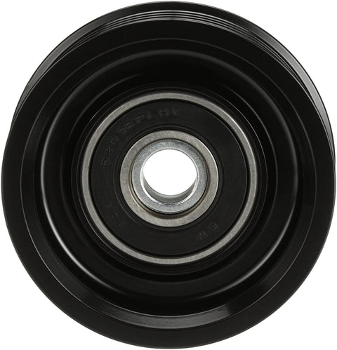 Gates DriveAlign belt drive idler pulley, black with silver center bearing.