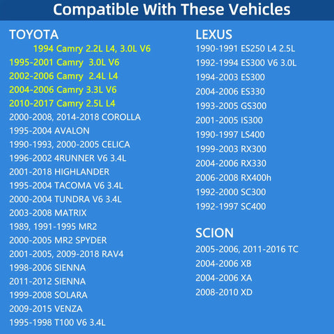 Compatibility list for Toyota Thermostat Replacement For Camry, Corolla, Sienna, RAV4, Highlander, Tacoma, 4Runner, Tundra And More 90916 A3003 And 90916 03129 Compatible Engine Thermostat 100 Percent Tested Before Shipping Premium Quality Materials For Reliable Easy Fit.