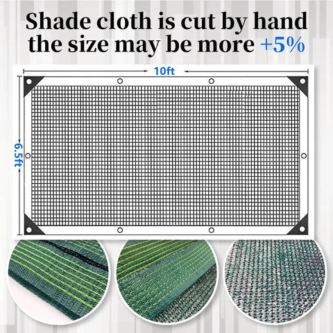 Diagram of 90 Percent Blackish Green Shade Cloth 6.5x10 Ft Beefy HDPE Shade Net with reinforced grommets, showing detailed weave.