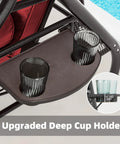 Close-up of the three seat outdoor porch swing with adjustable canopy showing upgraded deep cup holder, wine red cushions visible