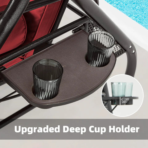 Close-up of the three seat outdoor porch swing with adjustable canopy showing upgraded deep cup holder, wine red cushions visible