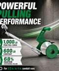Powerful Electric Cable Puller That Turns Your Drill Into A Serious Wire Tugger for One Person Jobs, Handles 1000 Lbs On Wires From #14 To 1/0 Inside Conduits Up To 4 Inches With Smooth Adjustable Boom Head, showcasing design and specifications.
