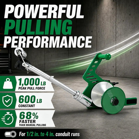 Powerful Electric Cable Puller That Turns Your Drill Into A Serious Wire Tugger for One Person Jobs, Handles 1000 Lbs On Wires From #14 To 1/0 Inside Conduits Up To 4 Inches With Smooth Adjustable Boom Head, showcasing design and specifications.