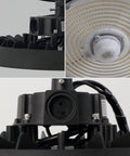 Heavy Duty 200W Led High Bay Shop Light With Motion Sensor showcasing black finish, detailed UFO design, and internal components.