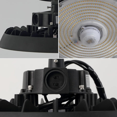 Heavy Duty 200W Led High Bay Shop Light With Motion Sensor showcasing black finish, detailed UFO design, and internal components.