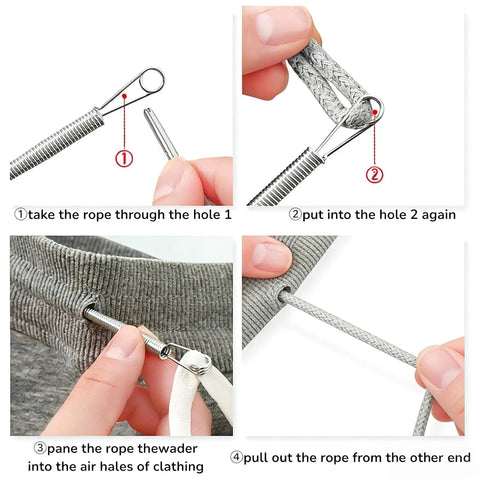 Steps showing the use of Drawstring Needle Threader Set 2 Pcs, DIY Rope Threader Clip for threading cords through clothing.