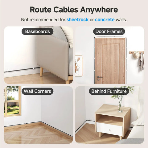 Image showing Nail-In Cable Clips Cord Organizer 200-Pack 7mm installed on baseboards, door frames, wall corners, behind furniture.