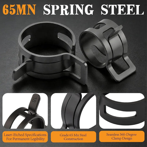 Close-up of 65Mn spring steel clamps from Pro Grade Spring Hose Clamp Kit 355 Piece Set showing design details.