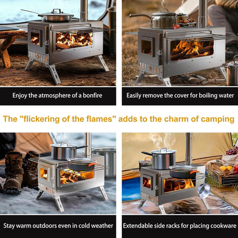 Stainless Steel Portable Tent Stove With Crack Resistant Ceramic Glass For Outdoor Camping, Fast Fire Start, Dope Burn Efficiency