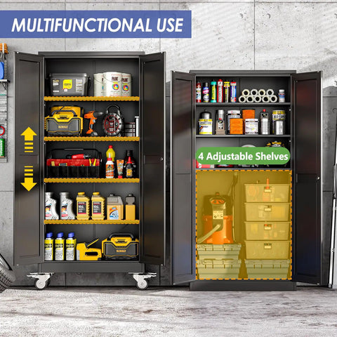 Beefy 71 Inch Metal Garage Storage Cabinet on wheels with locking doors, open view showing adjustable shelves and stored tools.