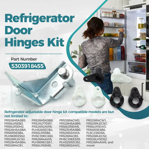 Adjustable Refrigerator Door Hinges Kit With Left And Right Hinges, Door Closers, And Bearings displayed with model list