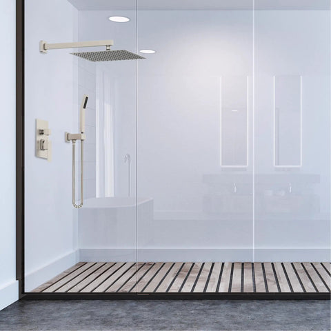 All Metal Shower System With 12 Inch Rain Shower Head And Handheld, Wall Mounted Faucet Set in modern bathroom, brushed nickel