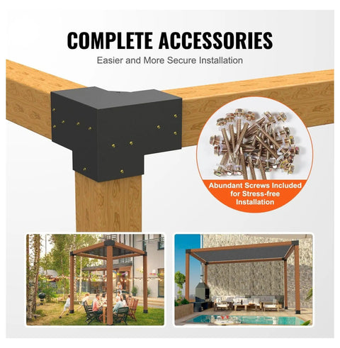 Heavy Duty Pergola Bracket Kit 6x6 Four Corner Brackets And 3 Way Post Base for gazebos and patios with screws included.