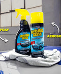 Top Shelf Foaming Auto Glass Cleaner Blast Away Road Grime And Bird Droppings From Windshield And Windows Without Leaving Streaks Or Smudges For A Flawless Shine Every Time 19 Ounce Spray Pack Of 2 placed beside a microfiber cloth.