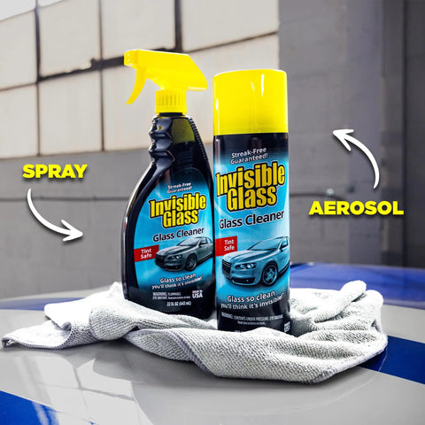 Top Shelf Foaming Auto Glass Cleaner Blast Away Road Grime And Bird Droppings From Windshield And Windows Without Leaving Streaks Or Smudges For A Flawless Shine Every Time 19 Ounce Spray Pack Of 2 placed beside a microfiber cloth.