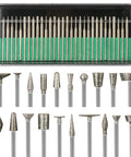 Front view of stone carving diamond burr bit set, 50 pcs with 1/8-inch shank, assorted burr shapes.