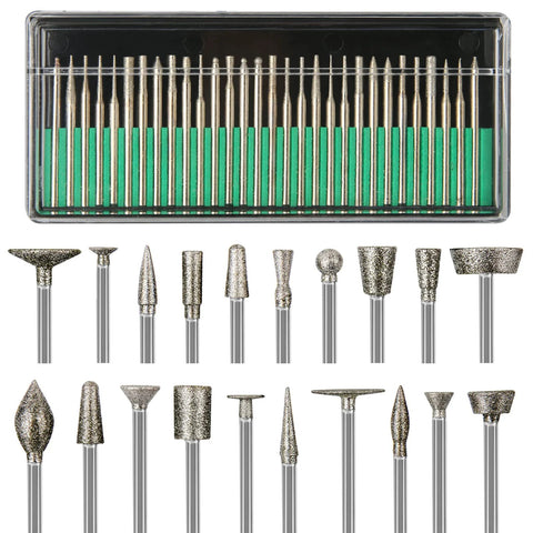 Front view of stone carving diamond burr bit set, 50 pcs with 1/8-inch shank, assorted burr shapes.