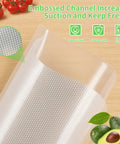6 Pack Vacuum Sealer Bags Rolls 8x20 And 11x20 Cut To Size Heavy Duty BPA Free for clamp machines, close-up on embossed channel