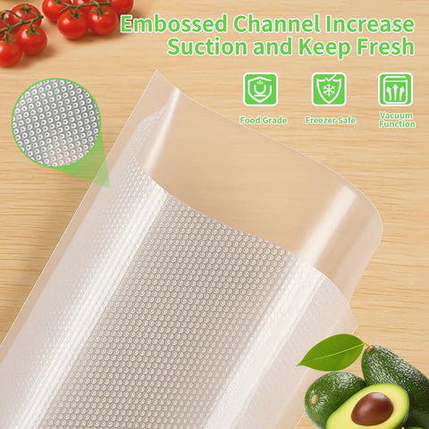 6 Pack Vacuum Sealer Bags Rolls 8x20 And 11x20 Cut To Size Heavy Duty BPA Free for clamp machines, close-up on embossed channel