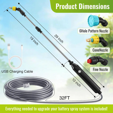 Dimensions and accessories of Battery Powered Sprayer Wand With 32 Ft Hose And 3 Adjustable Speeds For Easy Garden Watering
