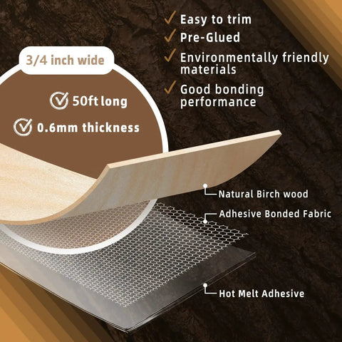 Diagram of Birch Edge Banding 3 4 In X 50 Ft Roll Real Wood Tape For DIY Cabinet Repair, showing layers and material details.