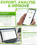 Smart Indoor Air Quality Monitor With Real Time CO2 PM1 PM2.5 PM10 TVOC HCHO Temperature And Humidity Data Via App For Home Office And Classrooms Plug And Play Hassle Free Setup Actionable Alerts And Peace of Mind For Healthier Air, app data export on phone and laptop
