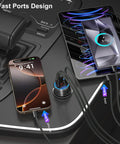 65 Watt Four Port Type C Car Charger Kit With Four Reinforced Usb C Cables, fast charging multiple devices in car.