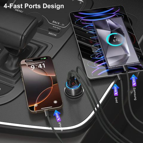 65 Watt Four Port Type C Car Charger Kit With Four Reinforced Usb C Cables, fast charging multiple devices in car.