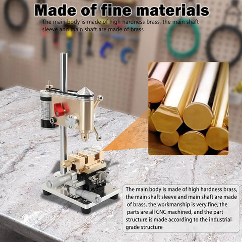 Mini Benchtop Drill Press With Variable Speed And Wide Voltage Range featuring brass design and CNC machined parts on workbench.