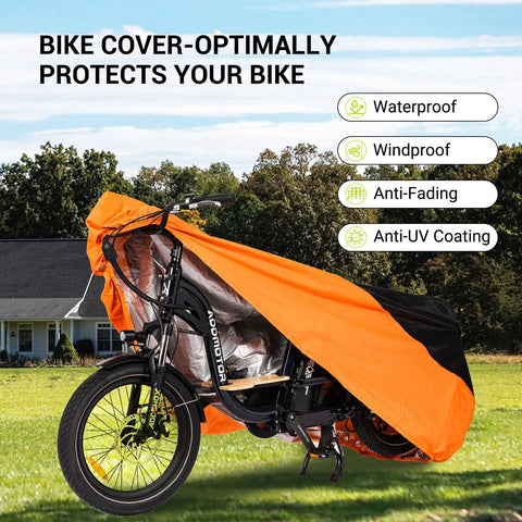 Durable 210D Waterproof Tricycle And Bike Cover For Outdoor Use Fits 1 To 2 Bikes With Full Coverage Snug Fit Universal Size 90.5L By 37.4W By 49.2H For Most Adult Tricycles And E Bikes Orange Weatherproof Dustproof All Weather, orange cover on tricycle