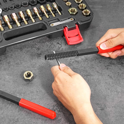 VEVOR 61-piece thread restorer kit in a storage case, heat-treated steel thread chasers with red-handled tool.