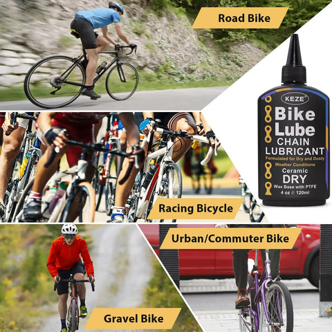 Collage of cycling activities with No Nonsense Dry Bike Chain Lube For MTB With Ceramic Coating And PTFE Keeps Your Chain Slick In Dry Dusty Weather