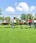 Backyard Metal Swing Set With 5 Foot Wave Slide Two Swings Two Person Glider And Two Person Saucer Swing Outdoor Playset