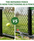 Comparison of a repaired chain link fence before and after using Chain Link Fence Stretcher Heavy Duty Ratcheting Wire Fence Tightener And Puller With Forged Steel Construction And Anti Rust Coating For Easy One Man Operation On Farm Ranch Garden And Yard Fence Repair