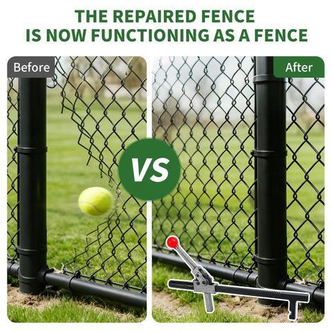 Comparison of a repaired chain link fence before and after using Chain Link Fence Stretcher Heavy Duty Ratcheting Wire Fence Tightener And Puller With Forged Steel Construction And Anti Rust Coating For Easy One Man Operation On Farm Ranch Garden And Yard Fence Repair