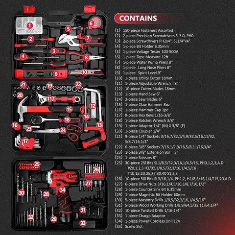 276-Piece Tool Set Kit With 12V Cordless Drill Driver, Portable Toolbox With Drawer, and various tools in storage case