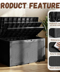 100 Gallon Outdoor Storage Box With Lockable Lid And Hydraulic Struts Resin Deck Box For Toys Cushions And Garden Gear Waterproof Rattan Style Patio Box For Outside Backyard And Pool Area open view showing interior and features