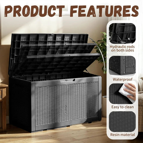 100 Gallon Outdoor Storage Box With Lockable Lid And Hydraulic Struts Resin Deck Box For Toys Cushions And Garden Gear Waterproof Rattan Style Patio Box For Outside Backyard And Pool Area open view showing interior and features