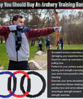 Person practicing with bow and arrows outdoors, promoting Three Pack Archery Bow Strength Trainer Bands Set With 30 Lbs 40 Lbs And 50 Lbs Resistance.