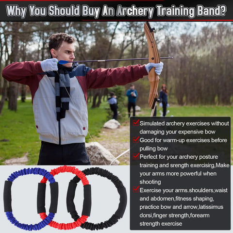 Person practicing with bow and arrows outdoors, promoting Three Pack Archery Bow Strength Trainer Bands Set With 30 Lbs 40 Lbs And 50 Lbs Resistance.