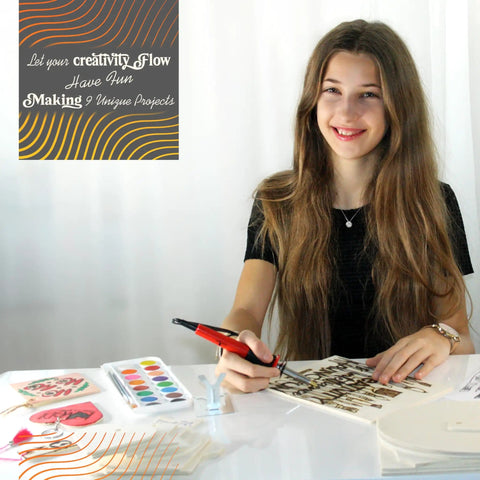 Woman using Beginner Friendly Wood Burning Kit With 140 Pieces For DIY Artists Includes 9 Large Wooden Plaques To Craft Unique Projects Step By Step Guide Easy To Learn Perfect Gift For Art And Craft Lovers