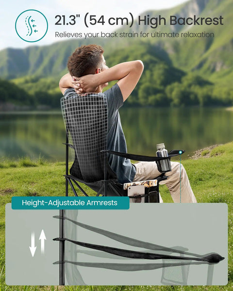 Two-Pack Breathable Camping Chairs Set With High Back Support, 330 Lb Capacity, man relaxing by lake, adjustable armrests
