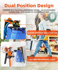 Dual-position design for Backpack Leaf Blower Hanger With Tube Hook 2 Pack Wall Mounts showing storage options in garage