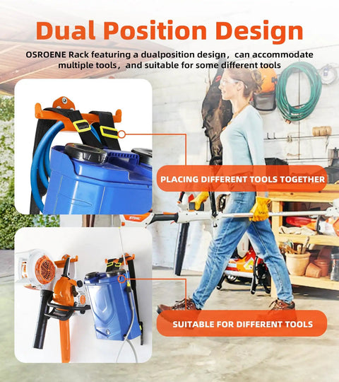 Dual-position design for Backpack Leaf Blower Hanger With Tube Hook 2 Pack Wall Mounts showing storage options in garage