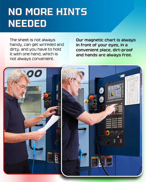 Operator using Dead On Inch And Metric Tap Drill Size Guide With A Slick Waterproof Magnetic Chart on CNC machine.