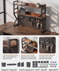 2-Tier Open Desk Organizer With DIY Pegboard showing wooden shelves, steel frame, and pegboard accessorized for desktop storage.