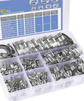 90-piece stainless steel hose clamp kit in a plastic case; clamps range 5/16"–2-3/8" (8–60 mm)