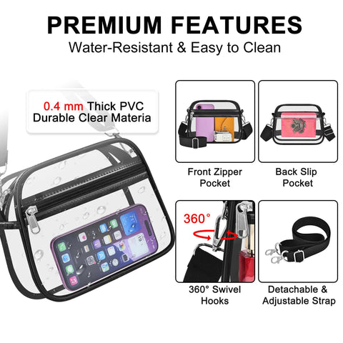 Clear Stadium Bag For Events, Compact Mini Purse With Crossbody Strap, 3 Pocket See-Through Hobo Style Purse displaying phone inside